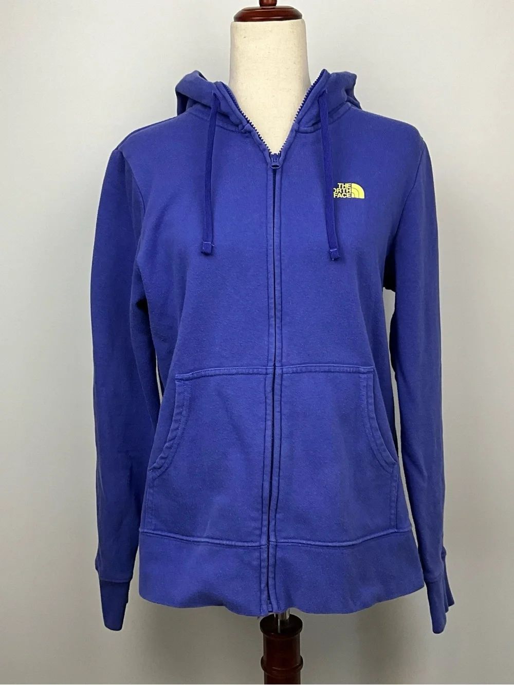 The North Face Women's Blue Zip-Up Hoodie with Yellow Logo Size L